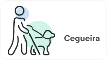 Ícone de cegueira, com a ilustração de uma pessoa de bengala acompanhada por um cão guia.