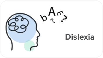 Ícone de dislexia, com a ilustração de uma silhueta de uma pessoa de lado com pensamentos confusos e letras embaralhadas próximo a ela.