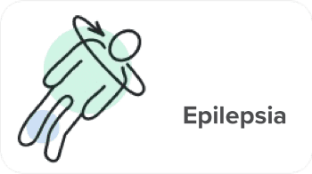 Ícone de epilepsia, com a ilustração de uma pessoa caindo e com um símbolo de algo girando ao redor da cabeça dela.