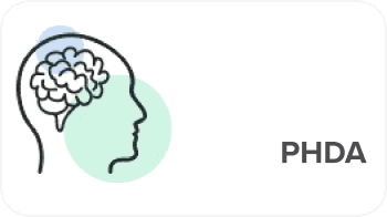 Ícone de PHDA, com a ilustração de uma silhueta de uma pessoa de lado com seu cérebro em destaque.