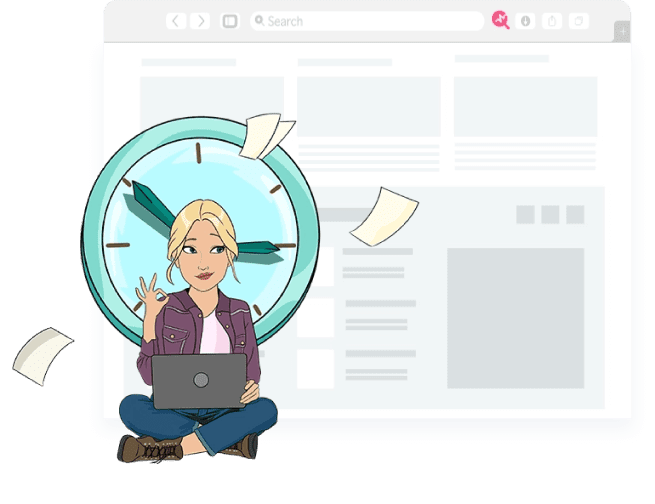 Sobre a ilustração de um navegador da internet, temos a ilustração de uma mulher branca, de cabelos loiros, sentada de pernas cruzadas em frente a um relógio, enquanto mexe em um notebook.