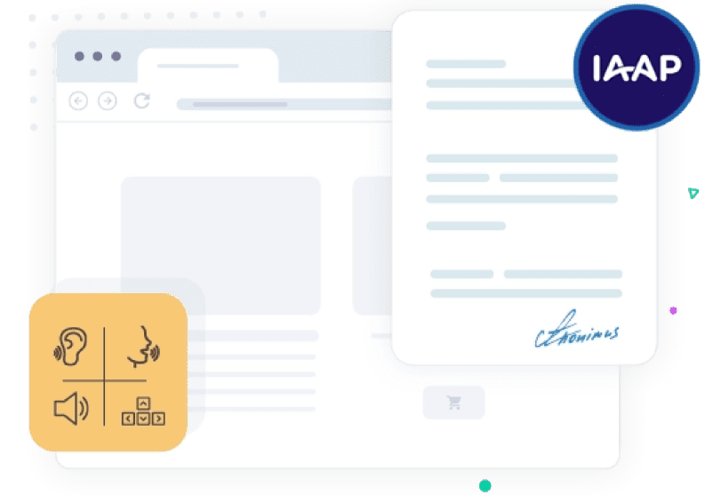 Ilustração de um navegador da internet e sobre ele, temos a ilustração de ícones representando funcionalidades que pessoas com deficiências possam precisar usar para navegar na internet e, à direita, temos a ilustração de um documento assinado e o ícone da IAAP sobre ele.