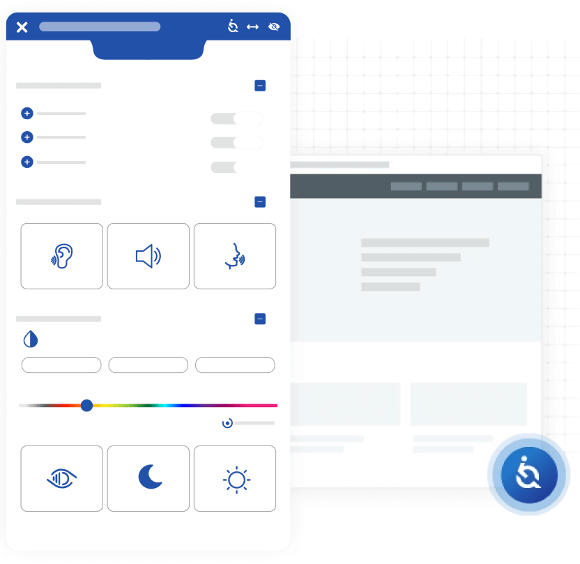 Ilustração de um navegador da internet com o widget EqualWeb aberto à esquerda dele. À direita, temos o ícone da EqualWeb na parte inferior da imagem.