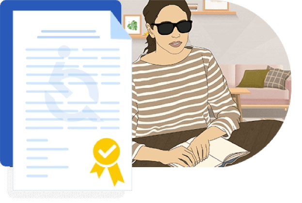 Ilustração de uma mulher com óculos escuros tateando um livro. à esquerda, temos um papel timbrado com o logo da EqualWeb com uma medalha dourada e um check sobre ela.