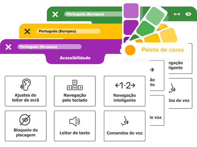 Captura de ecrã do Widget da EqualWeb em diferentes cores, mostrando que a paleta de cores que o widget aparece pode ser personalizada de acordo com o site.