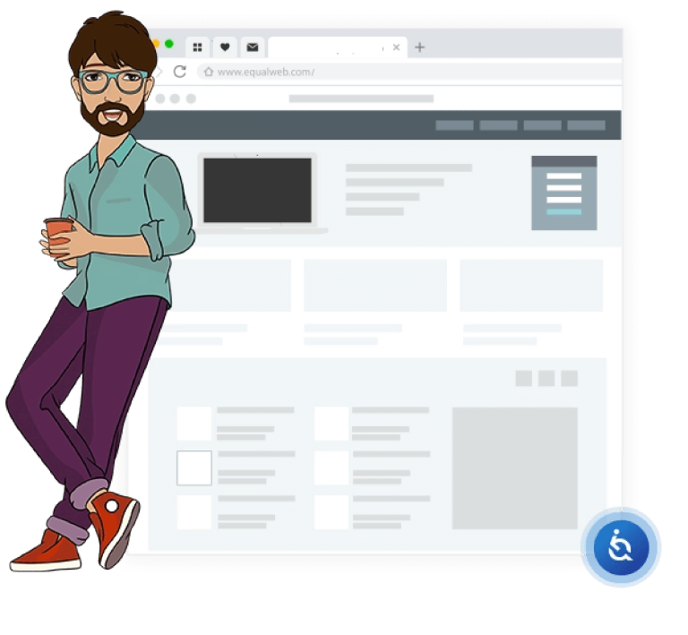 Ilustração de um navegador da internet com a ilustração de um personagem branco de barba e cabelos castanhos, vestindo camisa social azul, calça roxa e tênis vermelhos, enquanto segura um copo de café e se encosta no ecrã do navegador. No canto inferior direito da imagem, temos o logo da EqualWeb.