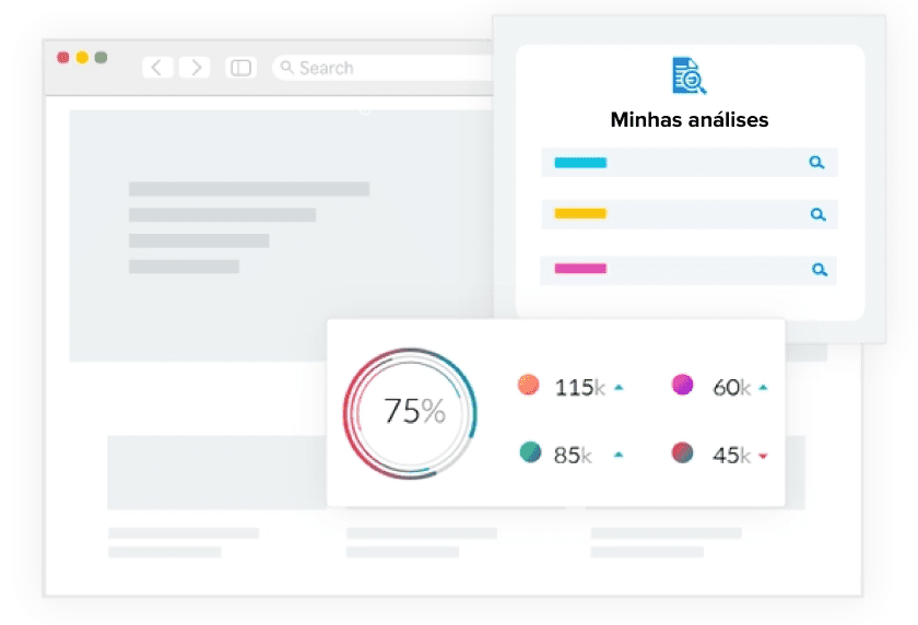 Ilustração de um navegador da internet e sobre ele, temos duas janelas, sendo a superior mostrando o texto “minhas análises”, juntamente com três tópicos de pesquisa e, na janela da parte inferior, temos em destaque um gráfico circular com 75% em destaque e, ao lado dele, temos em destaque números como 115k, com um indicador de crescimento ao lado dele, 60k, com um indicador de crescimento ao lado dele, 85k, com um indicador de crescimento ao lado dele, e 45k, com um indicador de redução ao lado dele.