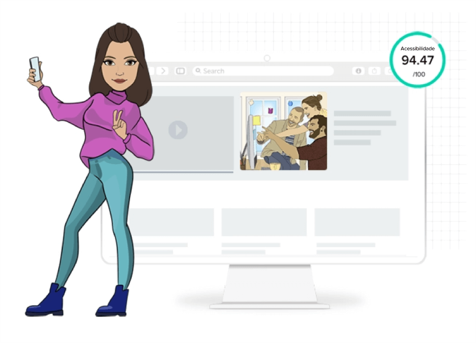 Monitor de um computador mostrando um site em seu ecrã com a mensagem de “Acessibilidade 94.47/ 100”. Além disso, fora do ecrã, temos a ilustração de uma mulher branca de cabelos castanhos, vestindo blusa roxa, calça azul e botas azuis, fazendo o sinal de paz com os dedos enquanto tira uma selfie.