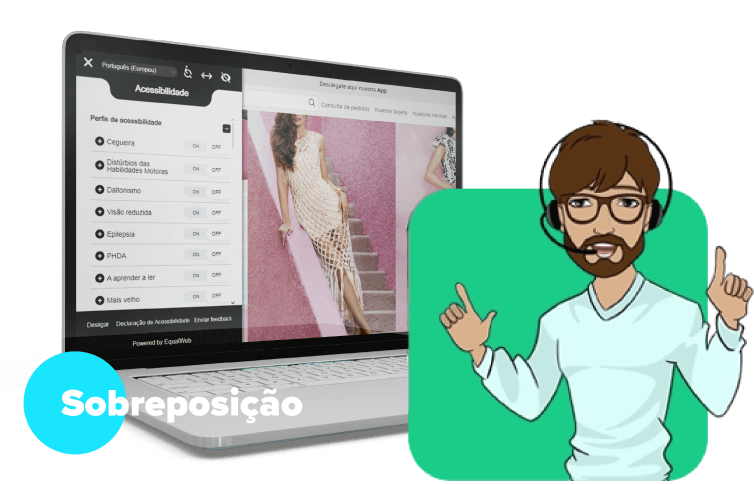 Ilustração de um notebook aberto com um site em que o widget da EqualWeb está aberto nele. Sobre o notebook, temos o texto “Sobreposição” e também a ilustração de um homem branco de cabelos e barca castanhos com camisa de manga comprida verde clara e calça marrom usando óculos de grau e fones de ouvido com microfone acoplado enquanto levanta as duas mãos com os dedos indicadores para cima.