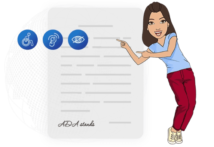 Ilustração de um documento assinado e, sobre ele, temos, à esquerda, ícones que representam pessoas com deficiências físicas, pessoas com deficiências auditivas e pessoas com deficiências visuais. À direita, temos a ilustração de uma mulher branca de cabelos castanhos, vestindo camiseta azul clara, calça vermelha e tênis amarelos sorrindo e apontando para o lado esquerdo da imagem.
