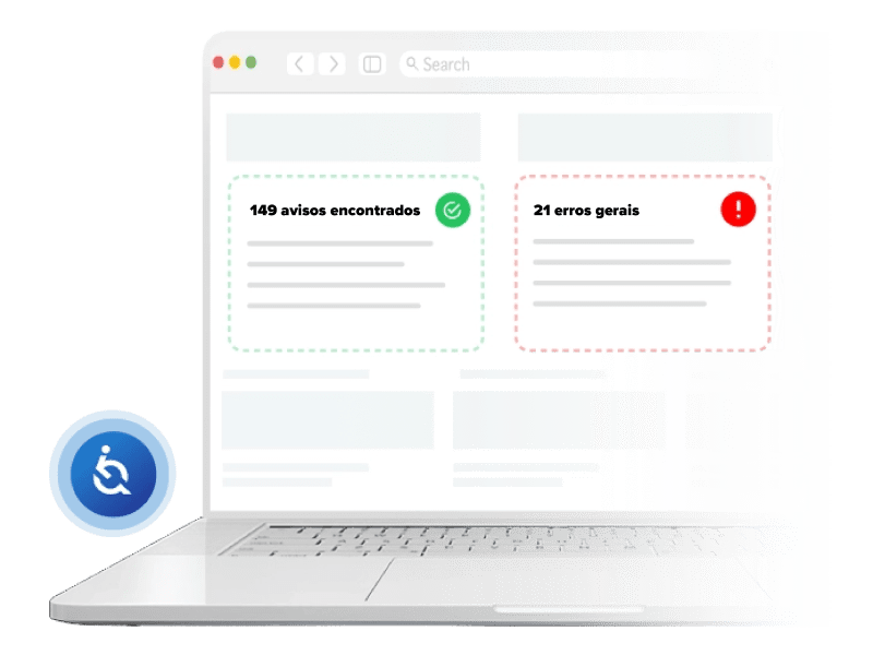 Monitor de notebook com um navegador da internet e sobre ele, temos duas janelas. À esquerda temos o ícone da EqualWeb em destaque.