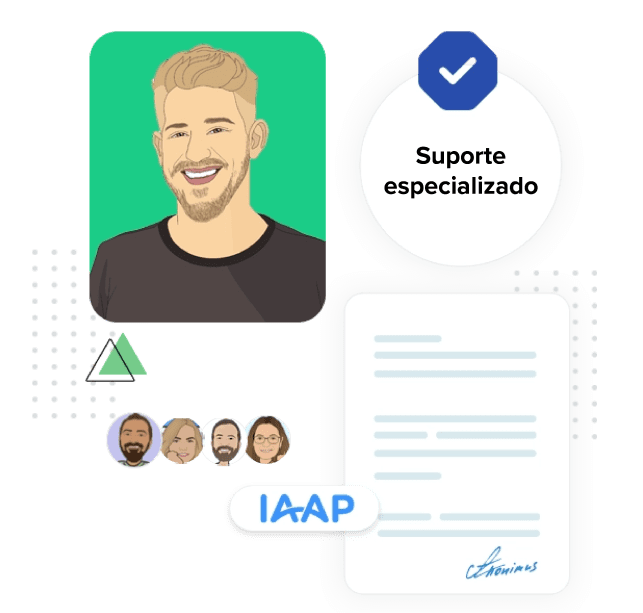 Ilustração de um homem branco de cabelos loiros sorrindo e, ao lado dele, temos o texto “suporte especializado”. Na parte inferior da imagem, temos outros ícones ilustrando pessoas, sendo eles, um homem branco de barba e cabelo castanhos, uma mulher loira, outro homem branco de barba e cabelo castanhos, e uma mulher de cabelos castanhos e óculos de grau. Ao lado destas ilustrações, temos a ilustração de um documento assinado e o logo da IAAP sobre ele.
