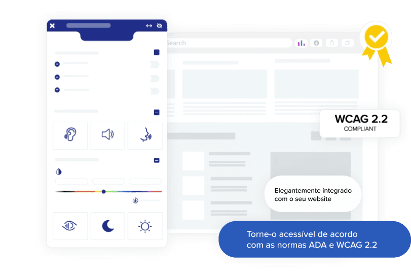 Ilustração de um navegador da internet com o widget EqualWeb aberto à esquerda dele. À direita, temos na parte superior um ícone de uma medalha dourada e o texto “WCAG 2.2 Compliant” e na parte inferior da imagem, temos as seguintes frases destacadas: “Elegantemente integrado com seu website” e “Torne-o acessível de acordo com as normas ADA e WCAG 2.2”.