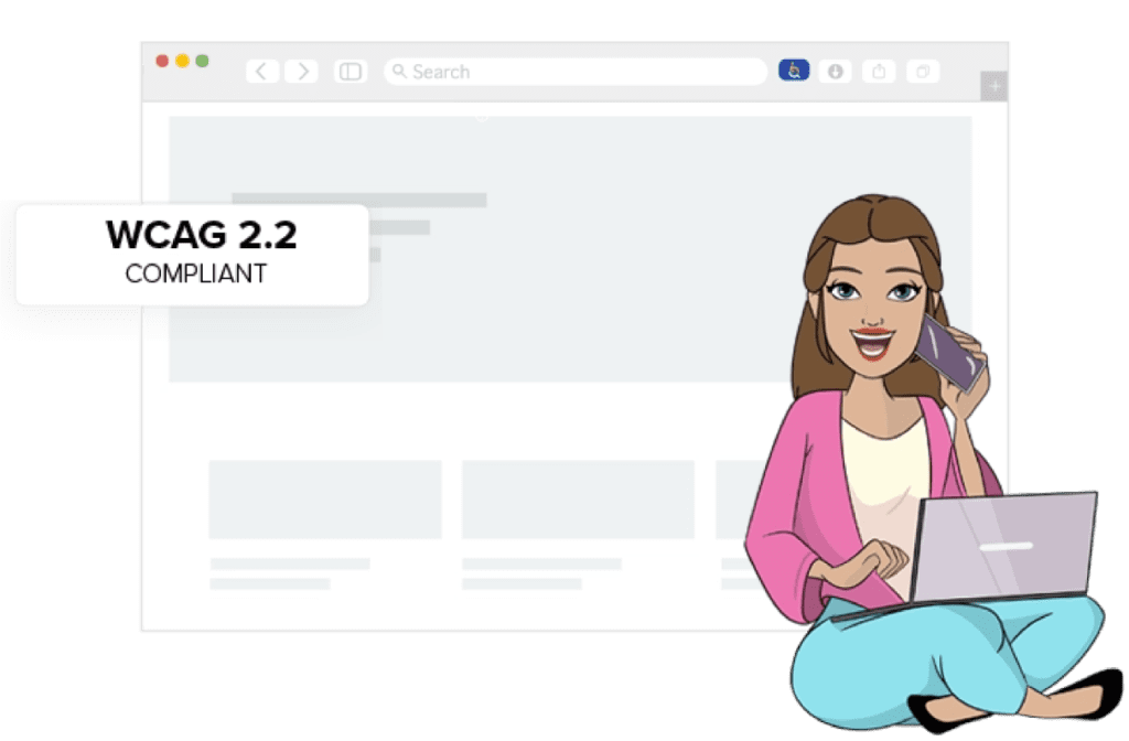 Ilustração de um navegador com o texto WCAG 2.2 Compliant em destaque. Ao lado direito da imagem, temos a ilustração de uma mulher branca, de cabelos castanhos, vestindo casaco rosa, camiseta bege e calça azul claro, sentada de pernas cruzadas com um notebook apoiado em seu colo enquanto fala no celular.