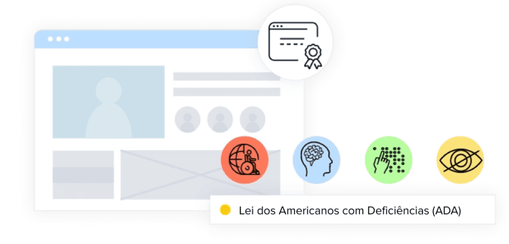 Ilustração de um navegador de internet com alguns botões representando pessoas com deficiência em destaque ao lado da ilustração.