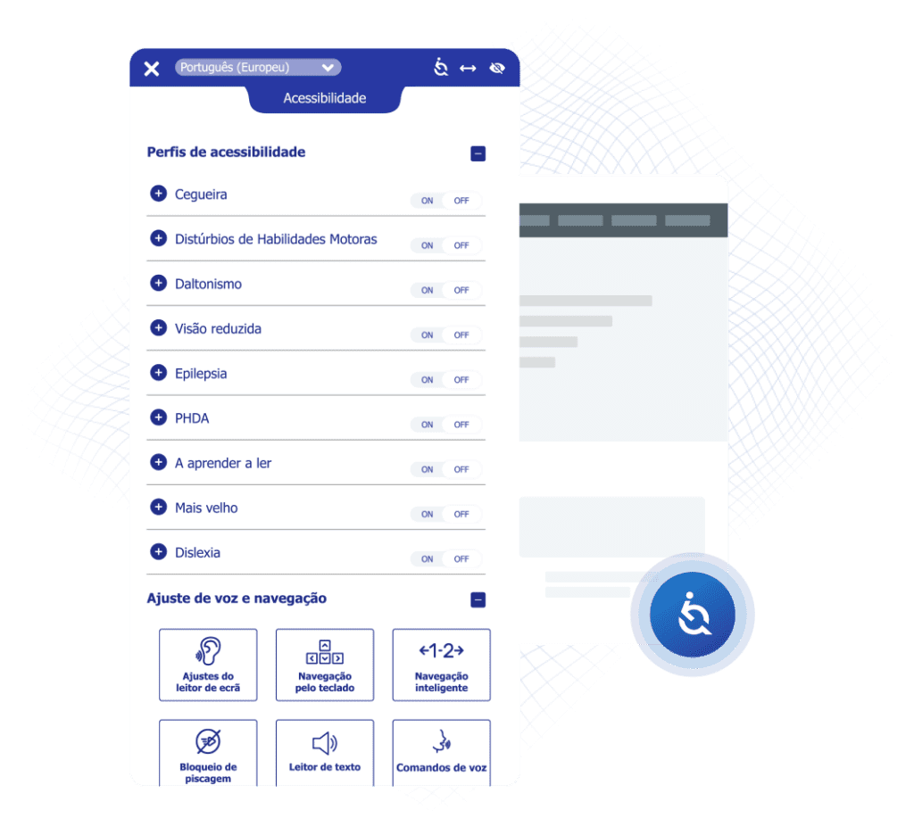 Ilustração de um navegador da internet e, à esquerda dele, temos o widget da EqualWeb com os perfis de acessibilidade em exibição. Na parte inferior direita, temos o ícone da EqualWeb em destaque.