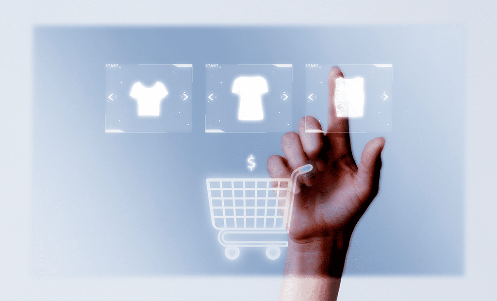 e-commerce. Imagem de um ecrã com vários ícones que representam funcionalidades de e-commerce.