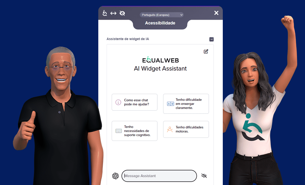 A imagem mostra os personagens Ewa e Ewerton. À esquerda está o Ewerton, que usa uma polo preta e faz o gesto de "fixe" com a mão. À direita está a Ewa, sorridente, com cabelo longo e ondulado. Ela veste uma t-shirt branca com o símbolo da EqualWeb e levanta o braço direito num gesto de celebração.