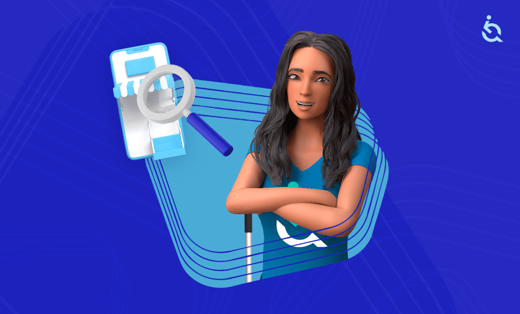 Leitor de ecrã. Eva, personagem da EqualWeb, sorri com os braços cruzados ao lado de um ícone de loja online ampliado por uma lupa, simbolizando recursos de acessibilidade como leitores de ecrã. Segura uma bengala branca, indicando acessibilidade para pessoas com deficiência visual. No canto superior direito, está visível o logótipo da EqualWeb.