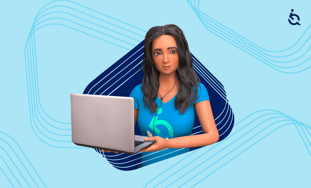 Personagem Eva da EqualWeb segura um portátil com expressão amigável, sobre fundo azul com elementos gráficos.