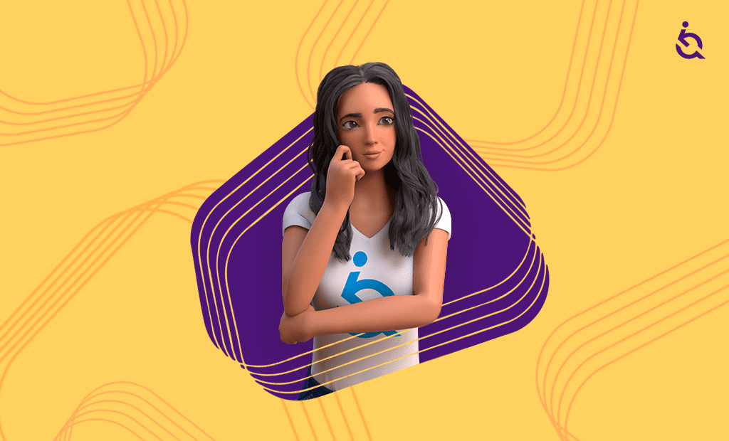 Autismo. Personagem EVA pensativa com o logótipo da EqualWeb acessibilidade digital ao fundo.