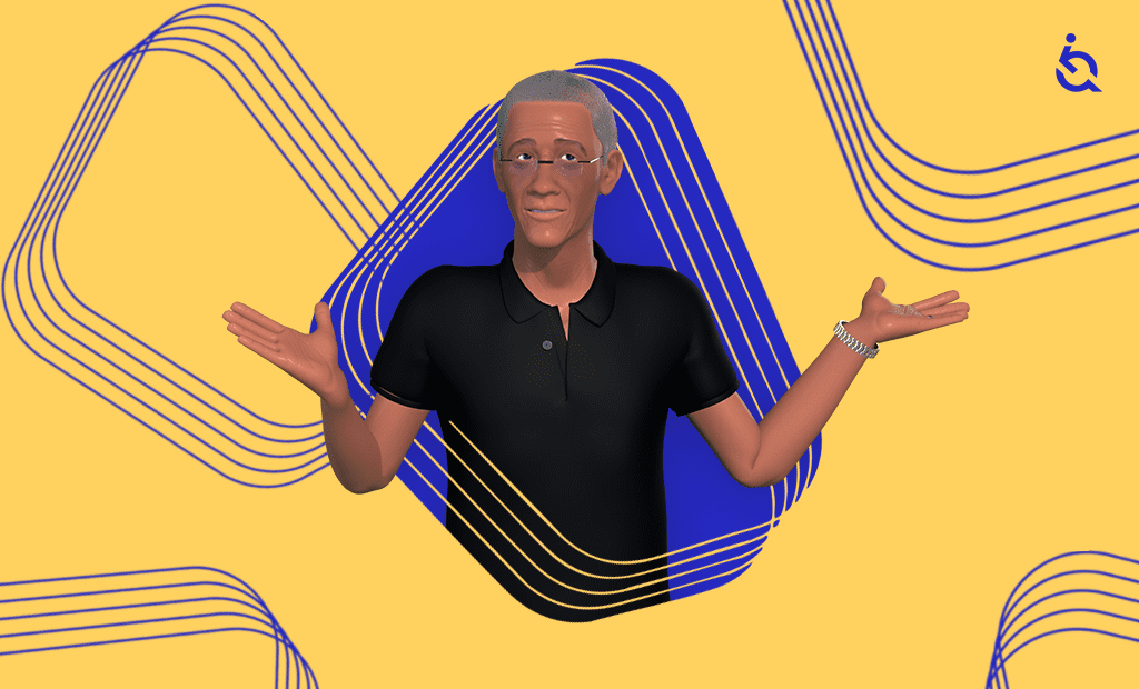 Marketing. Personagem Ewerton com expressão de dúvida e braços abertos, sobre fundo amarelo com formas gráficas azuis, e com o logótipo da EqualWeb no canto superior direito.