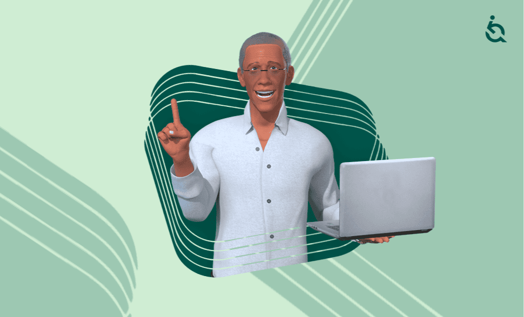 Legislação. Personagem Ewerton, a segurar um portátil e a apontar o dedo, sobre fundo gráfico verde.