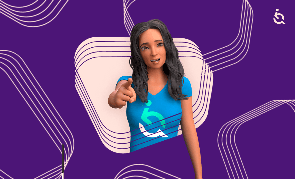 ROI da acessibilidade. Personagem EVA a apontar para a frente com expressão confiante, sobre fundo roxo com linhas gráficas e logótipo da EqualWeb no canto superior direito.