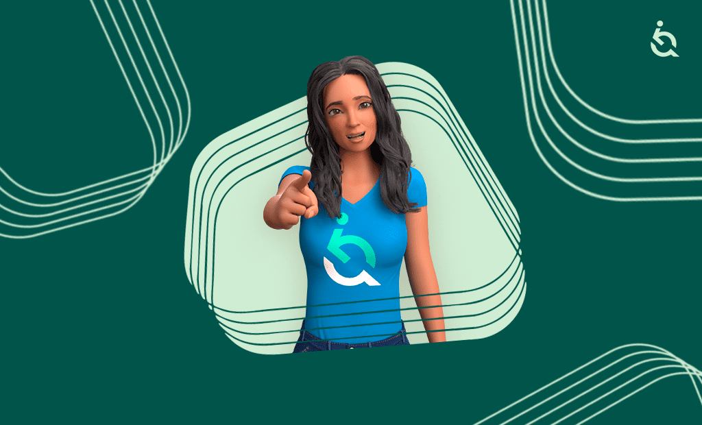 ESG. Personagem EVA com t-shirt azul com o logótipo da EqualWeb, a apontar em frente, sobre um fundo verde com gráficos.