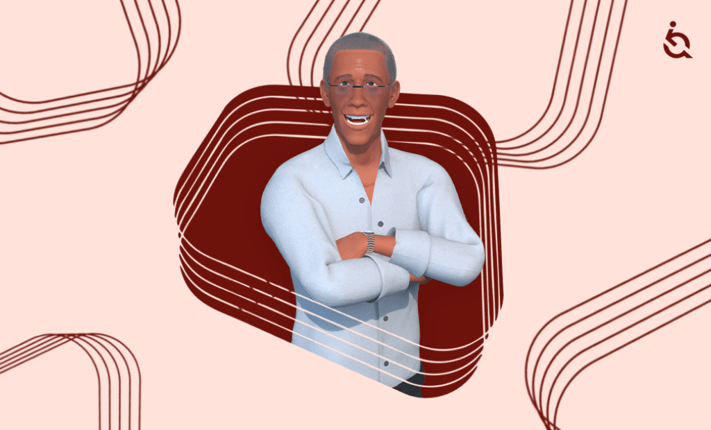 ESG. Fundo gráfico vermelho, com o personagem digital Ewerton de braços cruzados.