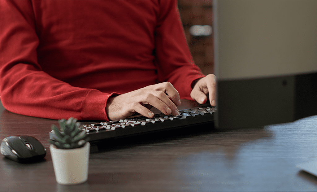 Leitor de ecrã. Homem com camisola vermelha a utilizar um teclado diante de um monitor, simbolizando a navegação digital por teclado, fundamental para o uso de leitores de ecrã. Um rato e um pequeno vaso com planta decoram a secretária.